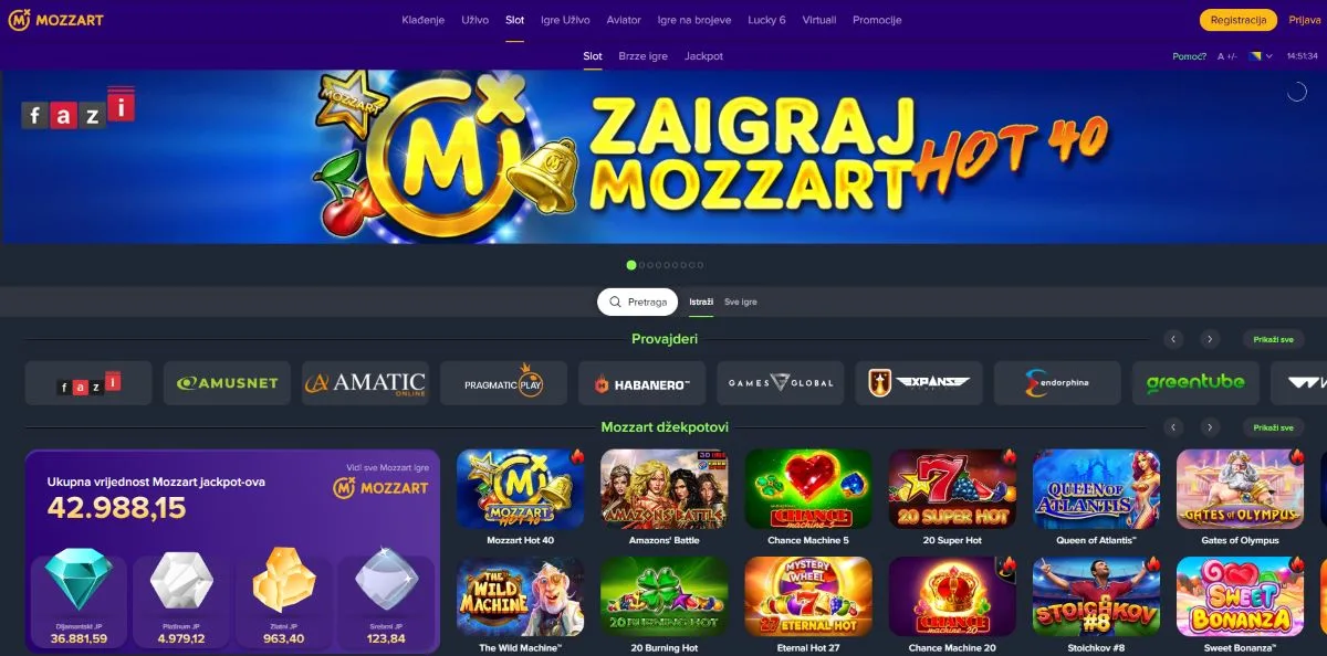 Mozzart Casino BiH, početna stranica sa kazino i sport sekcijama